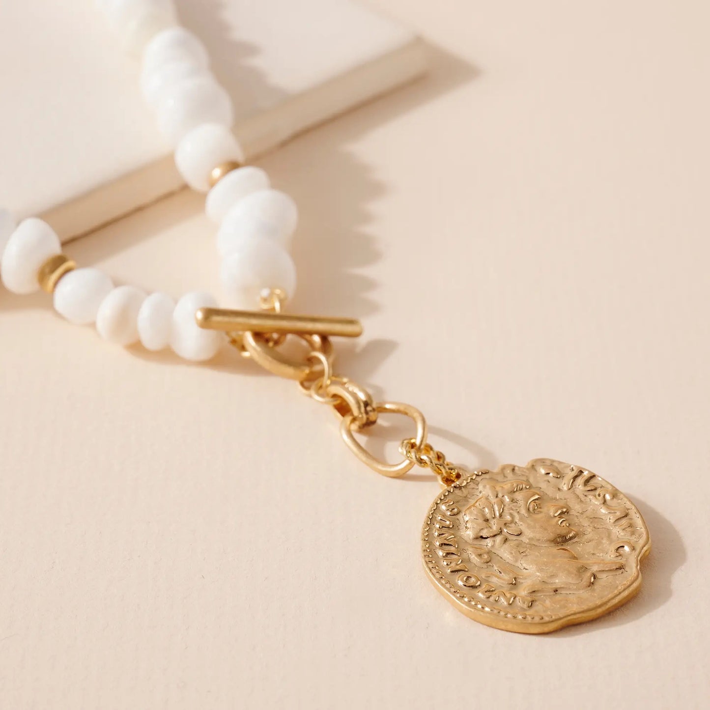 White Beaded Coin Necklace