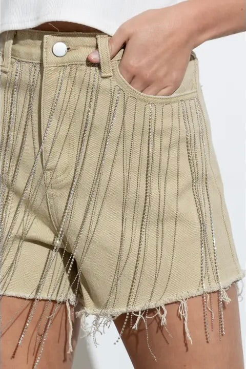Khaki Rhinestone Fringe Shorts
