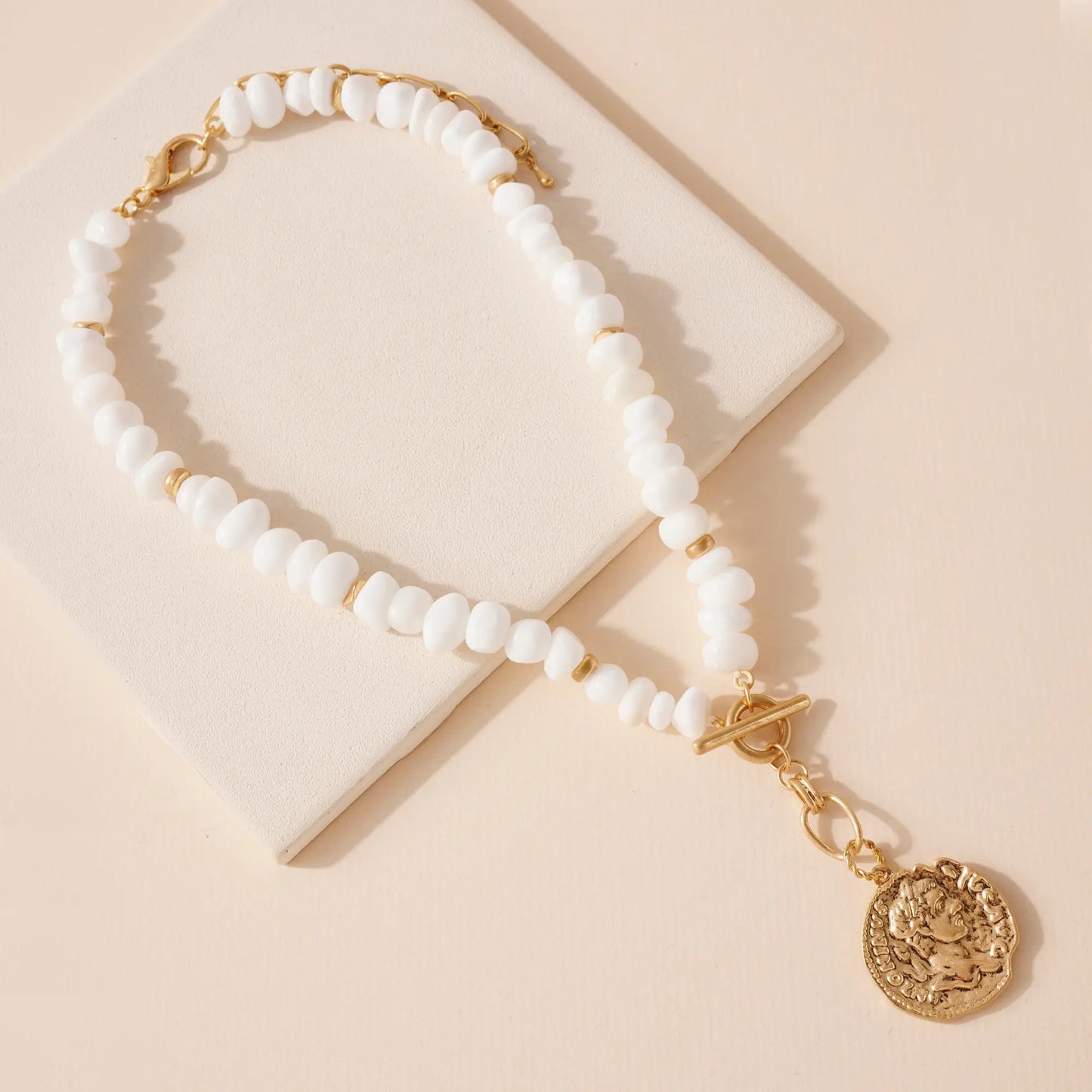 White Beaded Coin Necklace