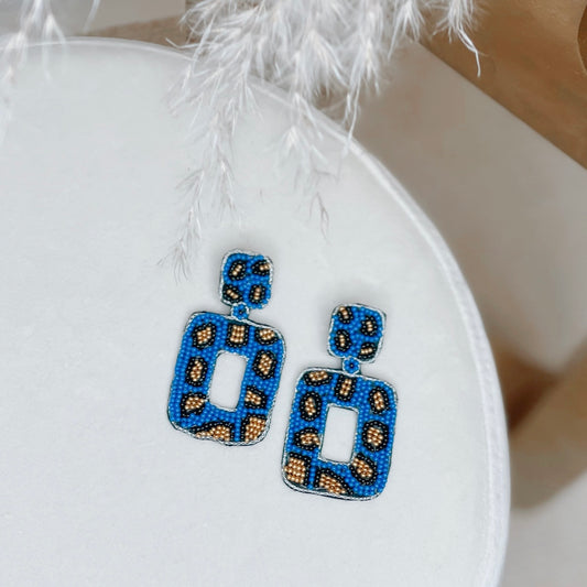 Blue Leopard Beaded Earrings
